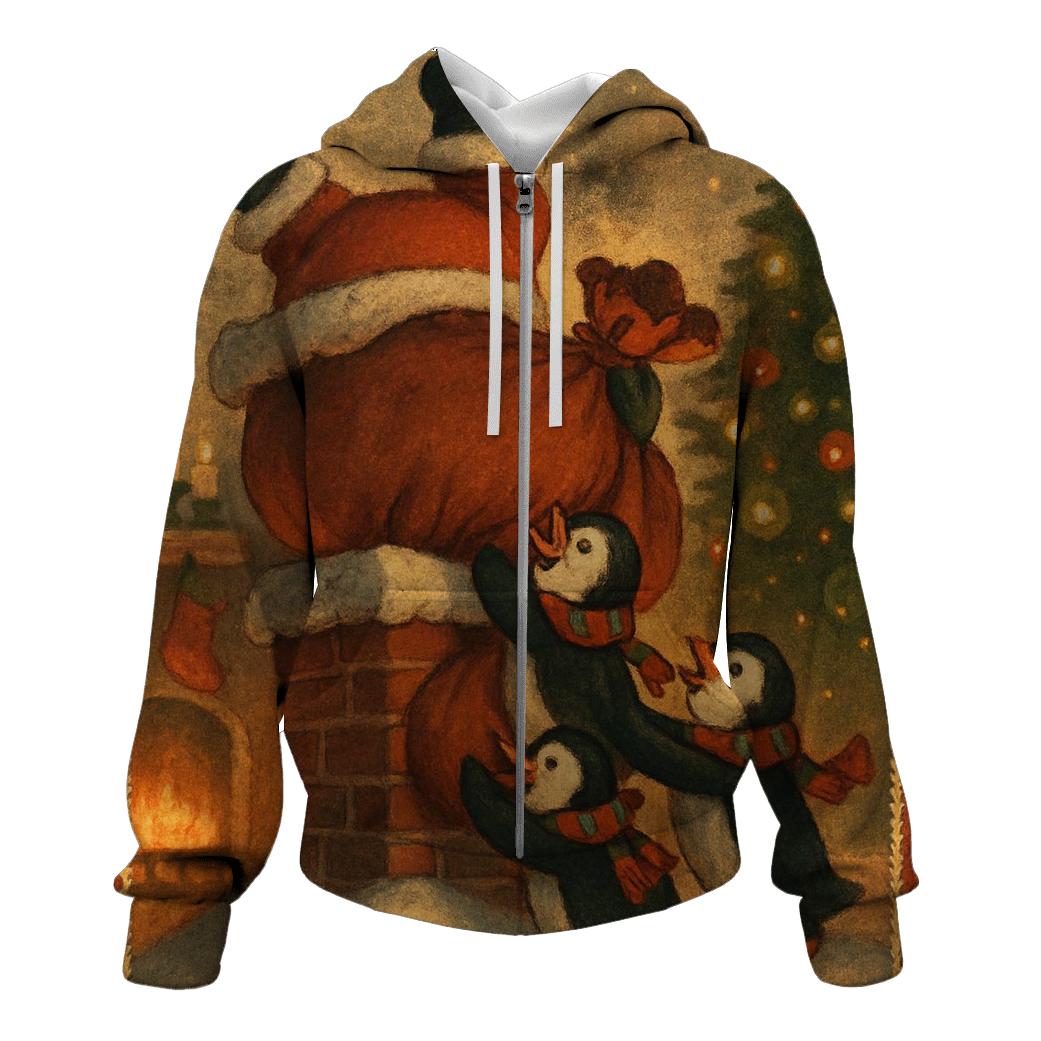 Santa Stuck In Chimney With Helpful Penguins embroidered hoodies