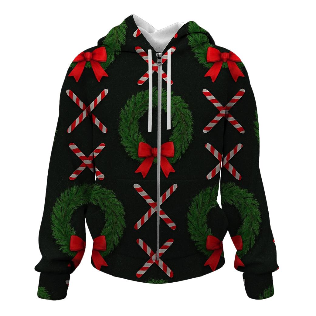 Evergreen Wreath Grid With Candy Canes On Black Background custom hoodies