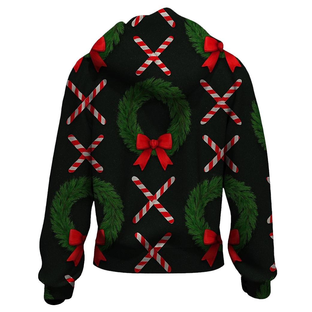 Evergreen Wreath Grid With Candy Canes On Black Background custom hoodies