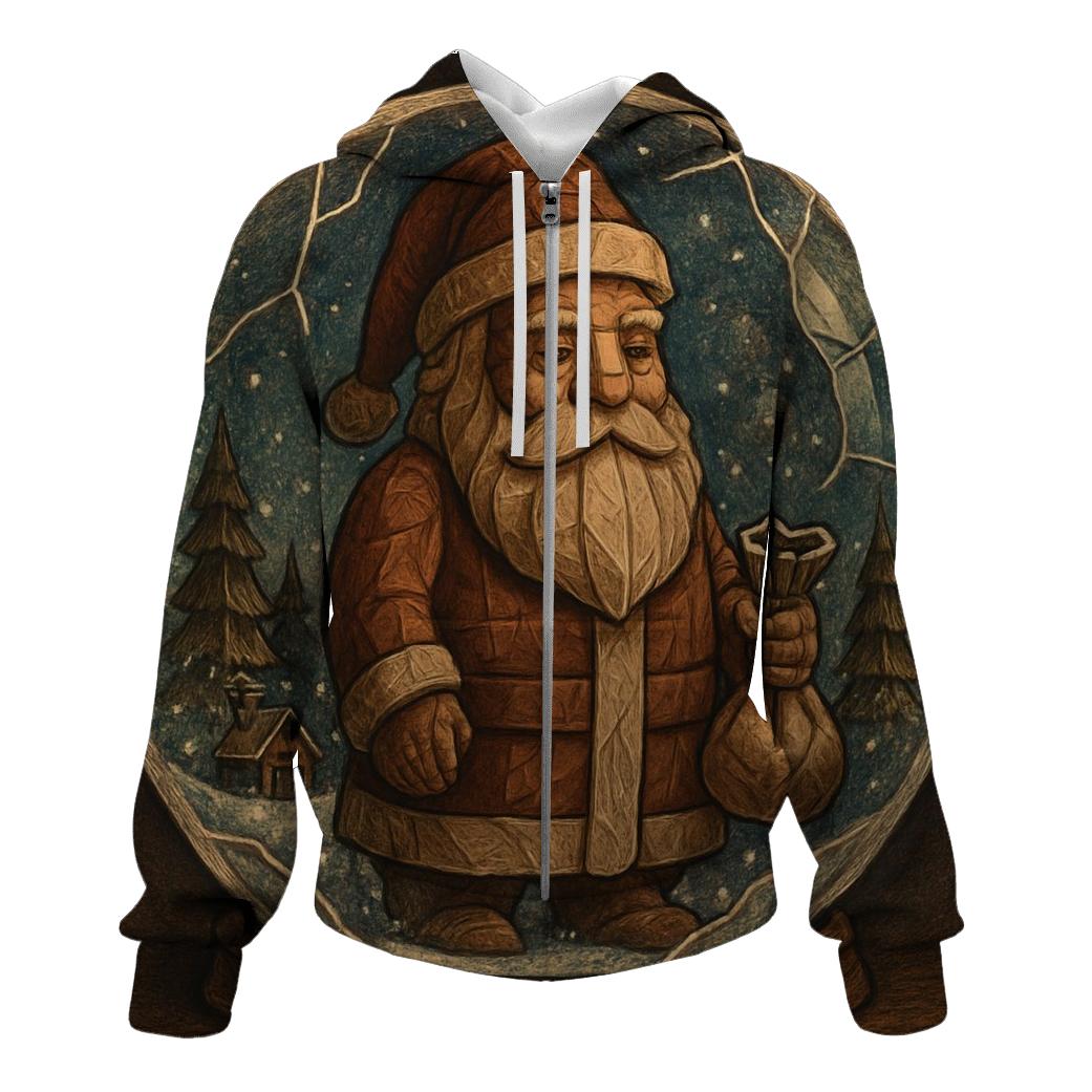 Wood Carved Santa In Vintage Snow Globe Scene embroidered hoodies