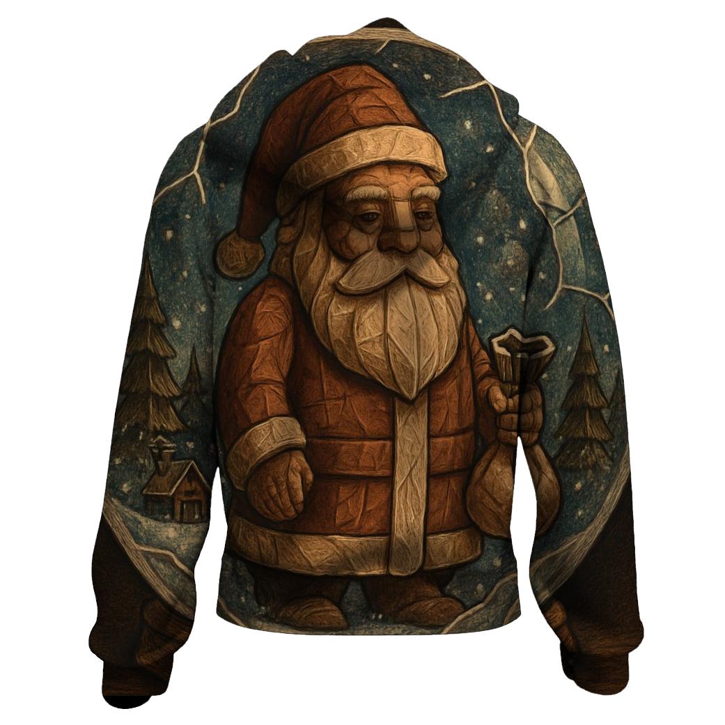 Wood Carved Santa In Vintage Snow Globe Scene embroidered hoodies