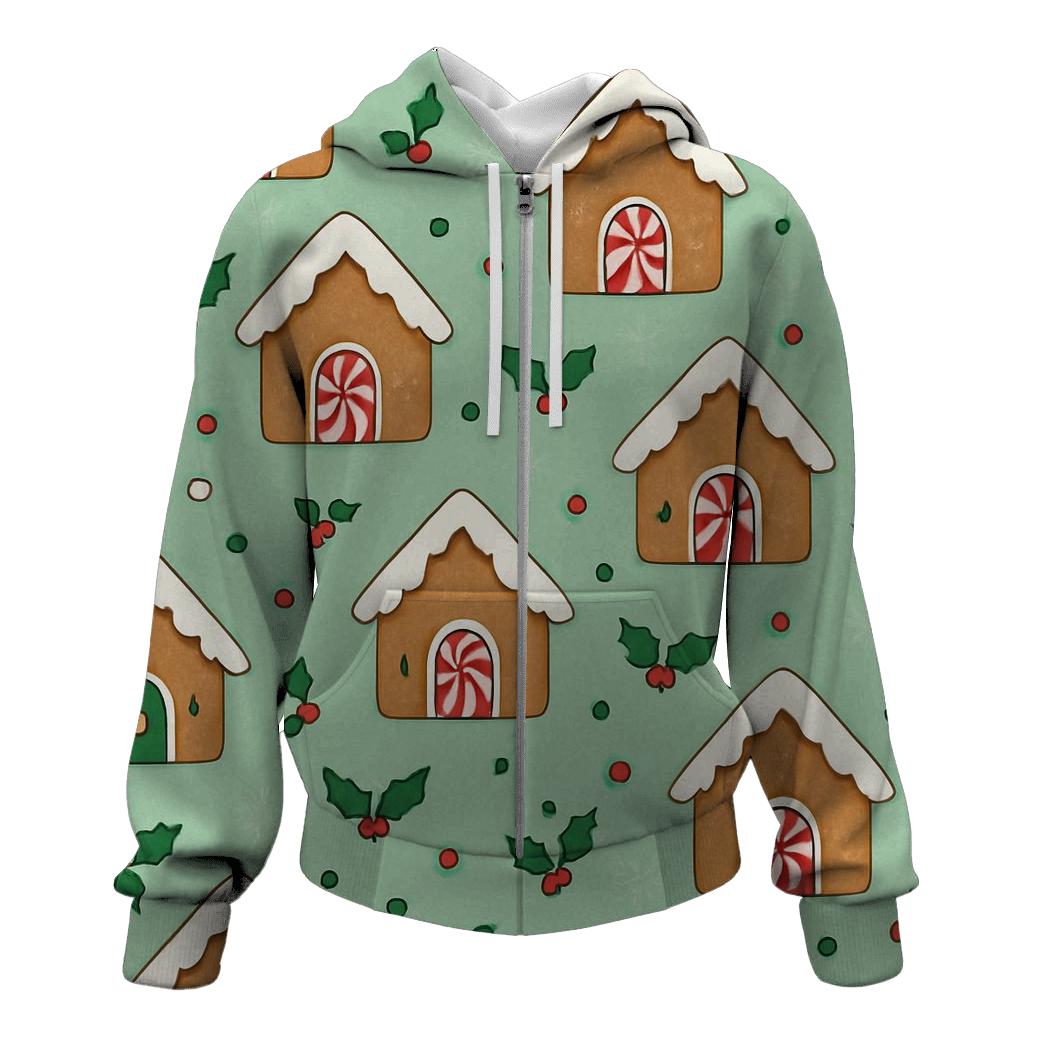 Gingerbread House Scatter With Snowflake Fill On Mint Background pullover hoodies