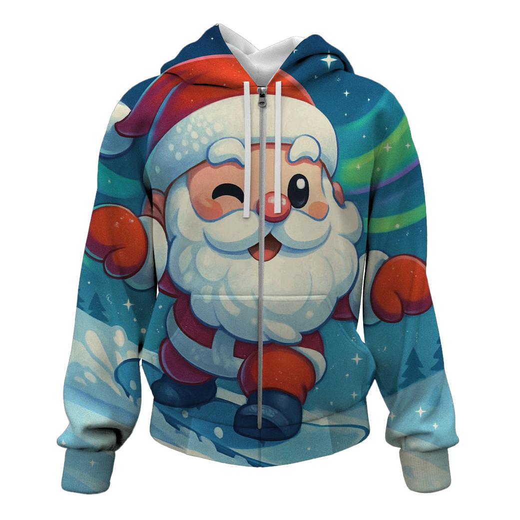 Chibi Santa Snowboarding Aurora Ridge heavyweight hoodies