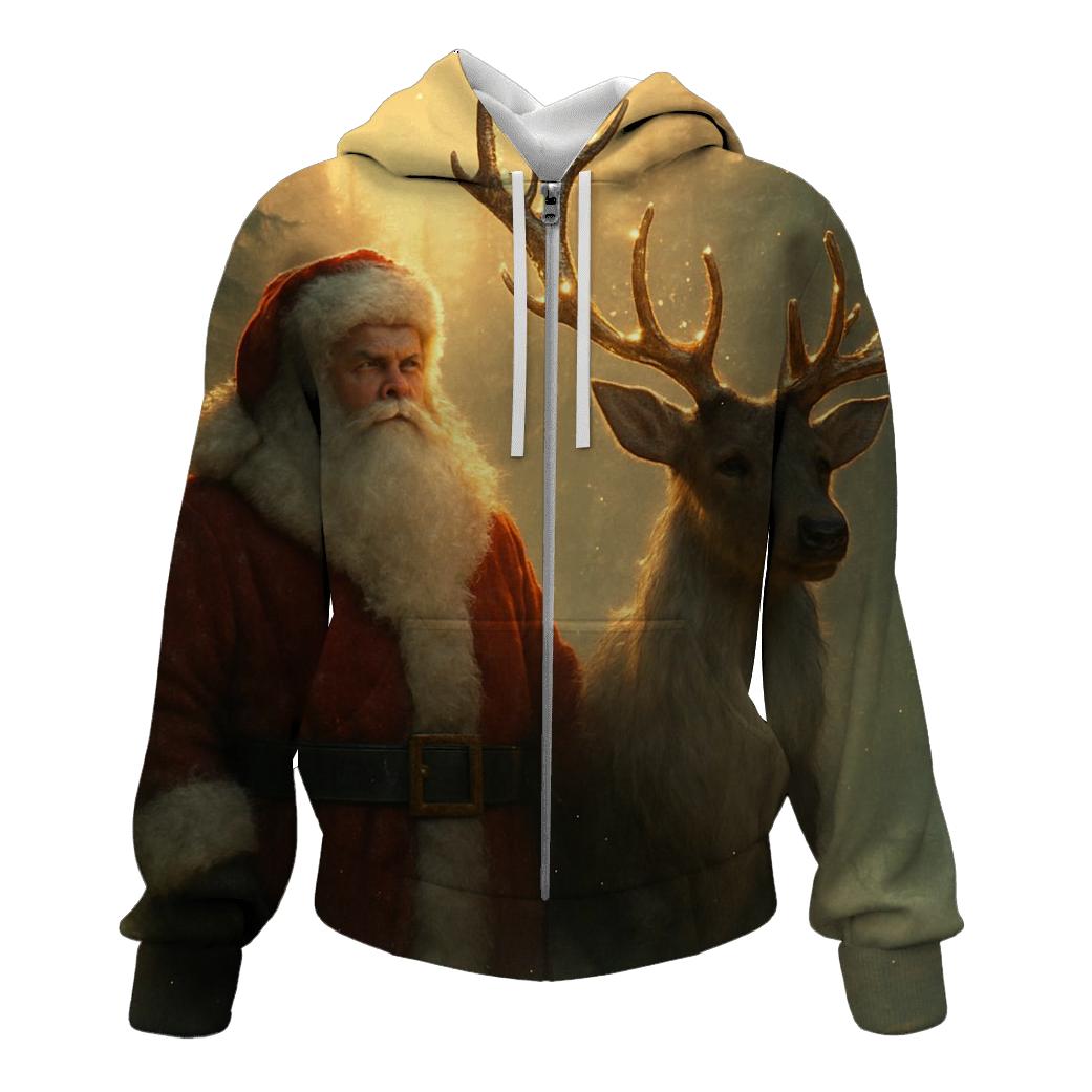 Majestic Santa And Reindeer In Golden Forest Mist designer hoodies