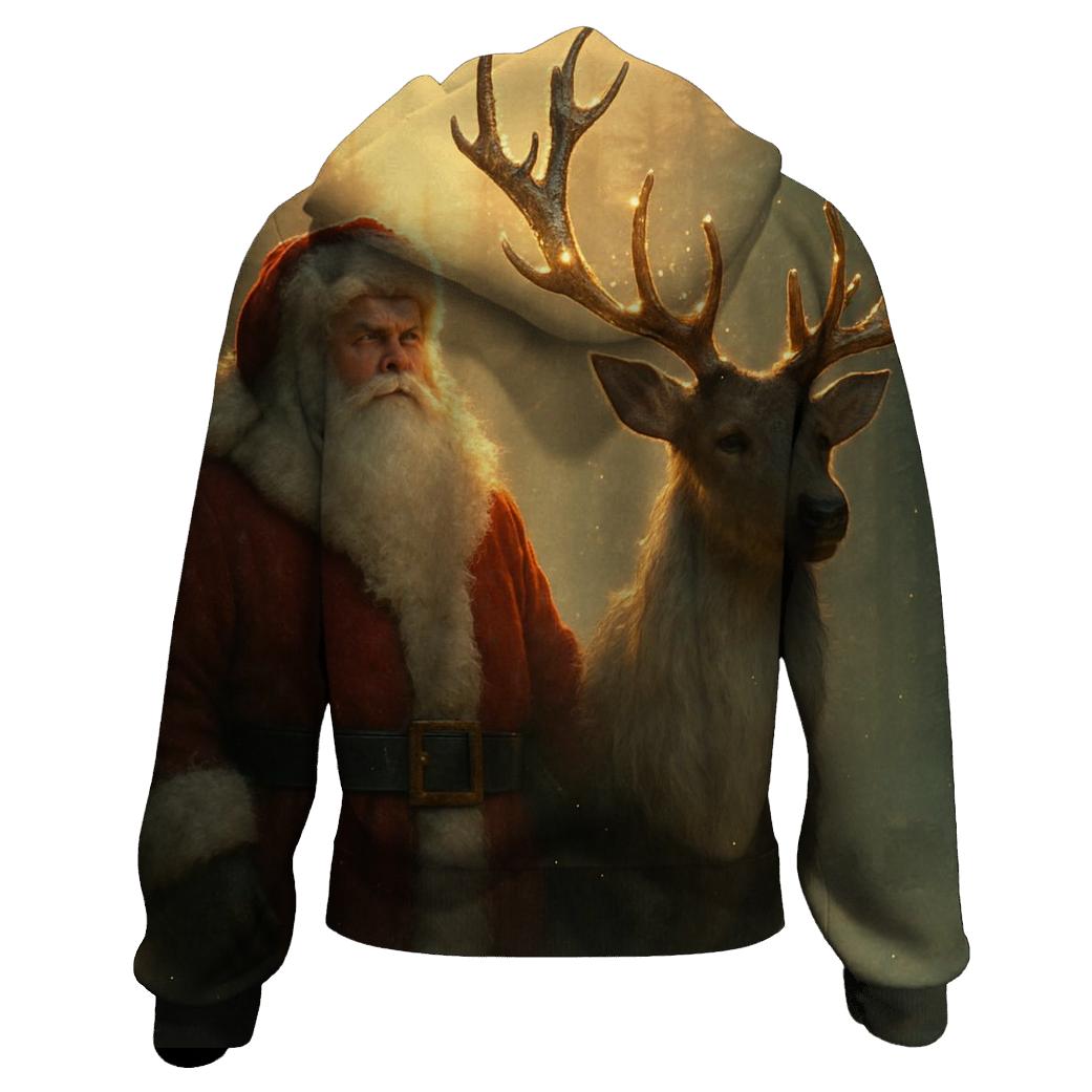 Majestic Santa And Reindeer In Golden Forest Mist designer hoodies