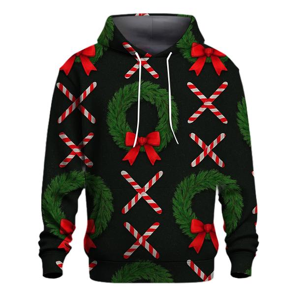 Evergreen Wreath Grid With Candy Canes On Black Background hoodie trends