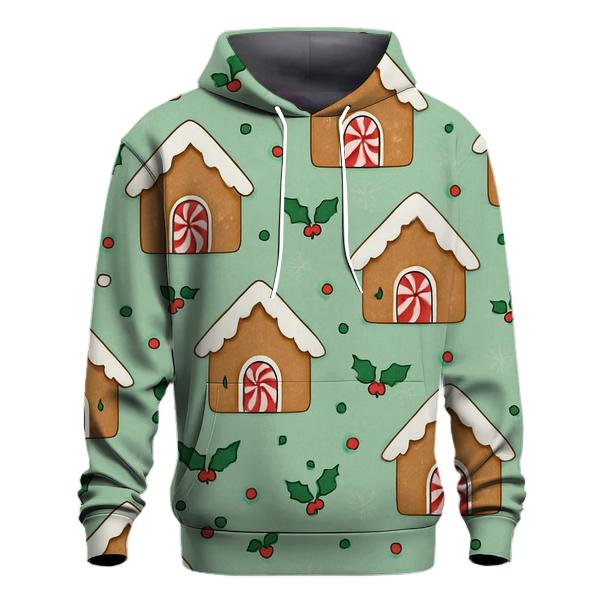 Gingerbread House Scatter With Snowflake Fill On Mint Background heavyweight hoodies