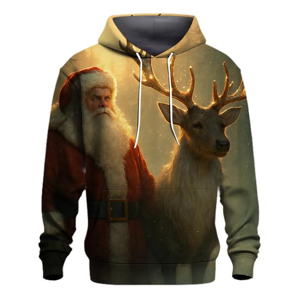 Majestic Santa And Reindeer In Golden Forest Mist premium hoodies