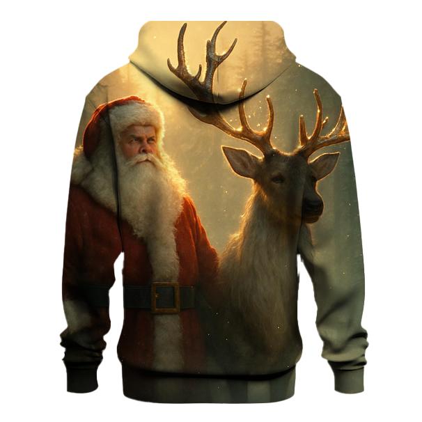 Majestic Santa And Reindeer In Golden Forest Mist premium hoodies