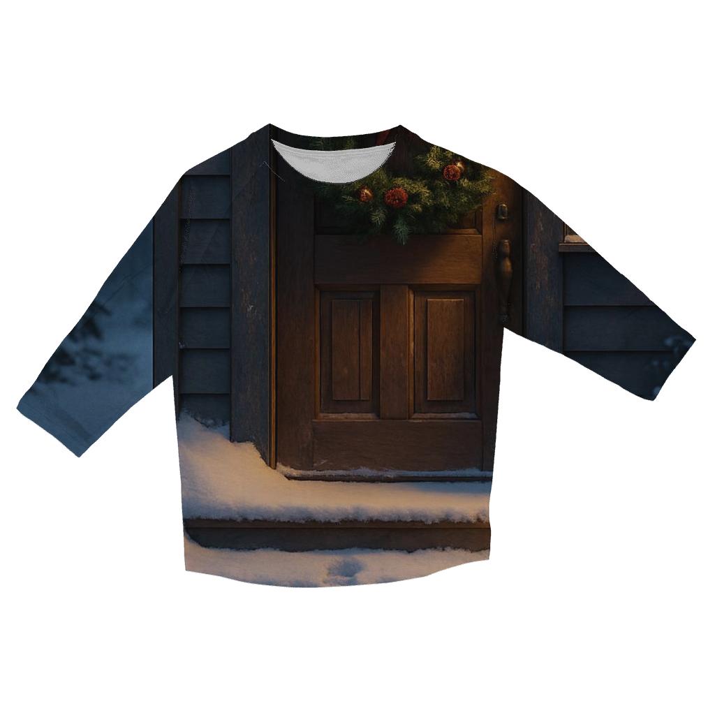Evergreen Wreath At The Door With Footprints In Fresh Snow printed three quarter sleeve shirts