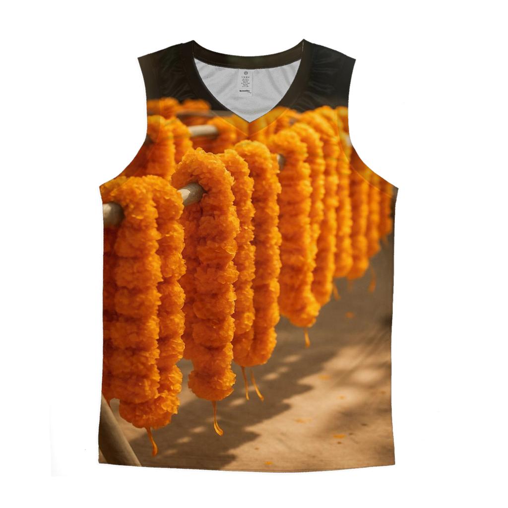 Turmeric Marigold Garland Drying On Bamboo Rack sports performance tank tops