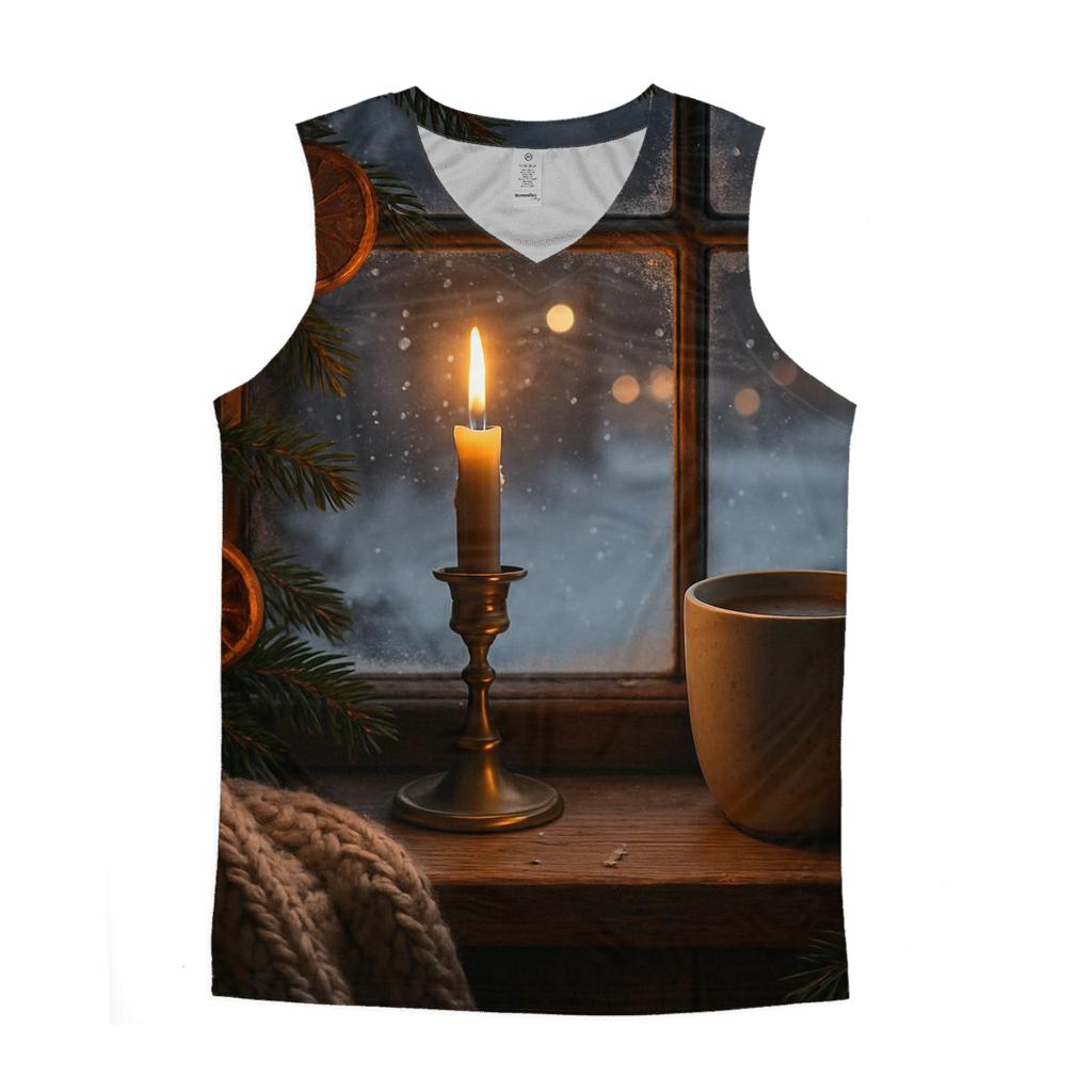 Candlelit Evergreen Window On Snowfall Night trendy fitted tank tops