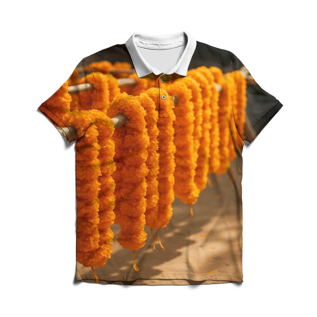 Turmeric Marigold Garland Drying On Bamboo Rack personalized polo shirts