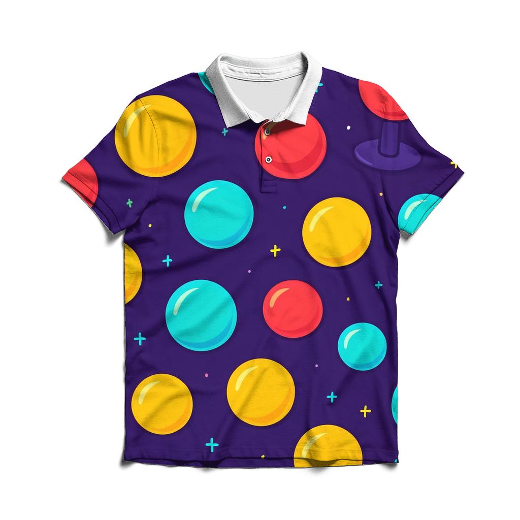 Arcade Button Galaxy Scatter branded logo polo shirts