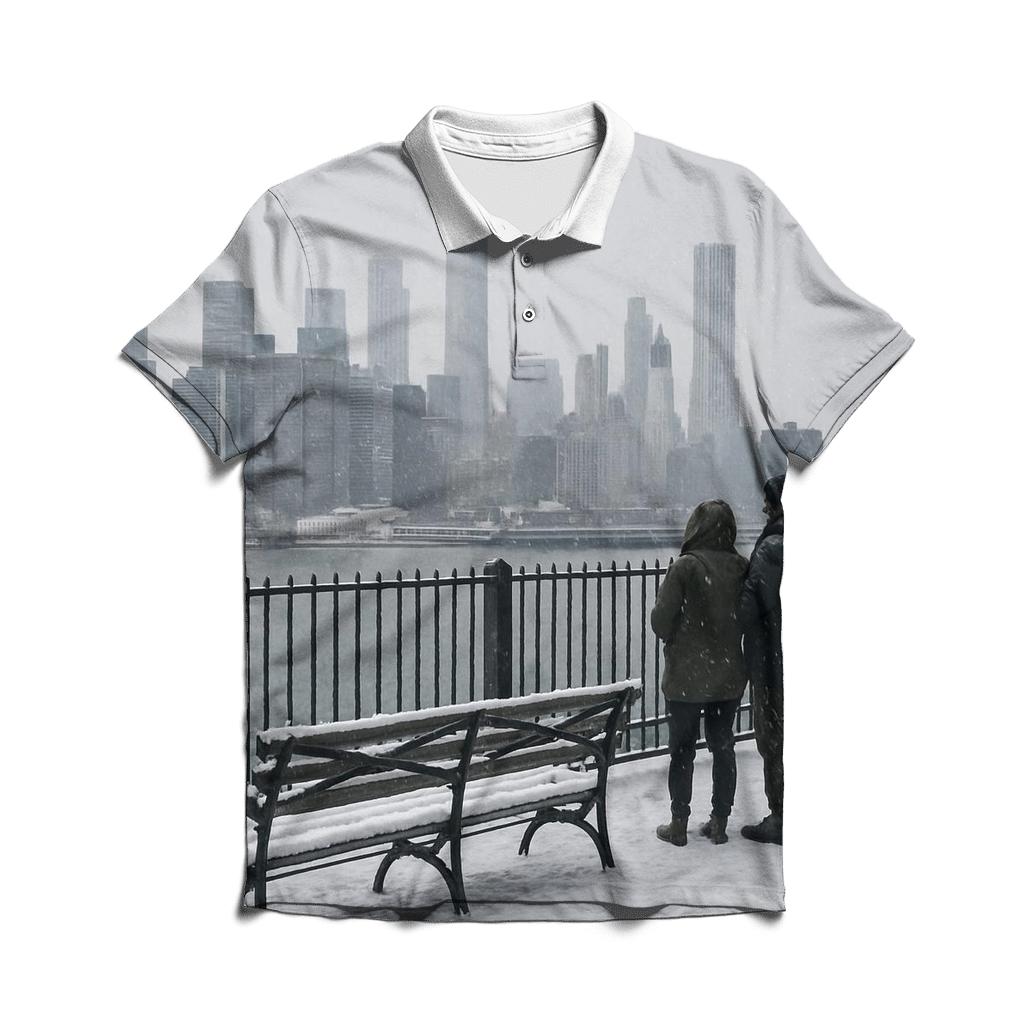 Snowfall Over Brooklyn Heights Promenade Skyline View branded logo polo shirts