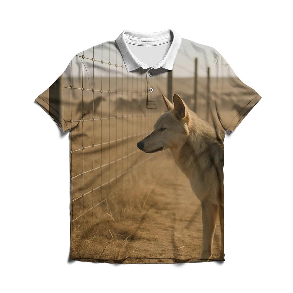 Steppe Wolf At Fenceline With Shepherd Dogs Distant premium cotton polo shirts