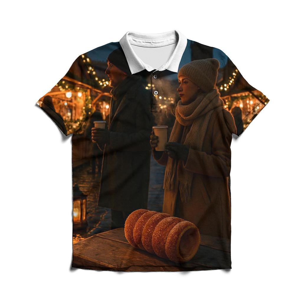 Christmas Market Lanterns On Wet Cobblestones casual sports polo shirts