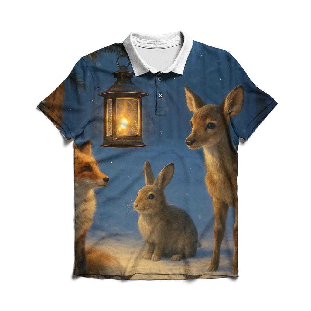 Snowy Forest Lantern With Woodland Visitors branded logo polo shirts