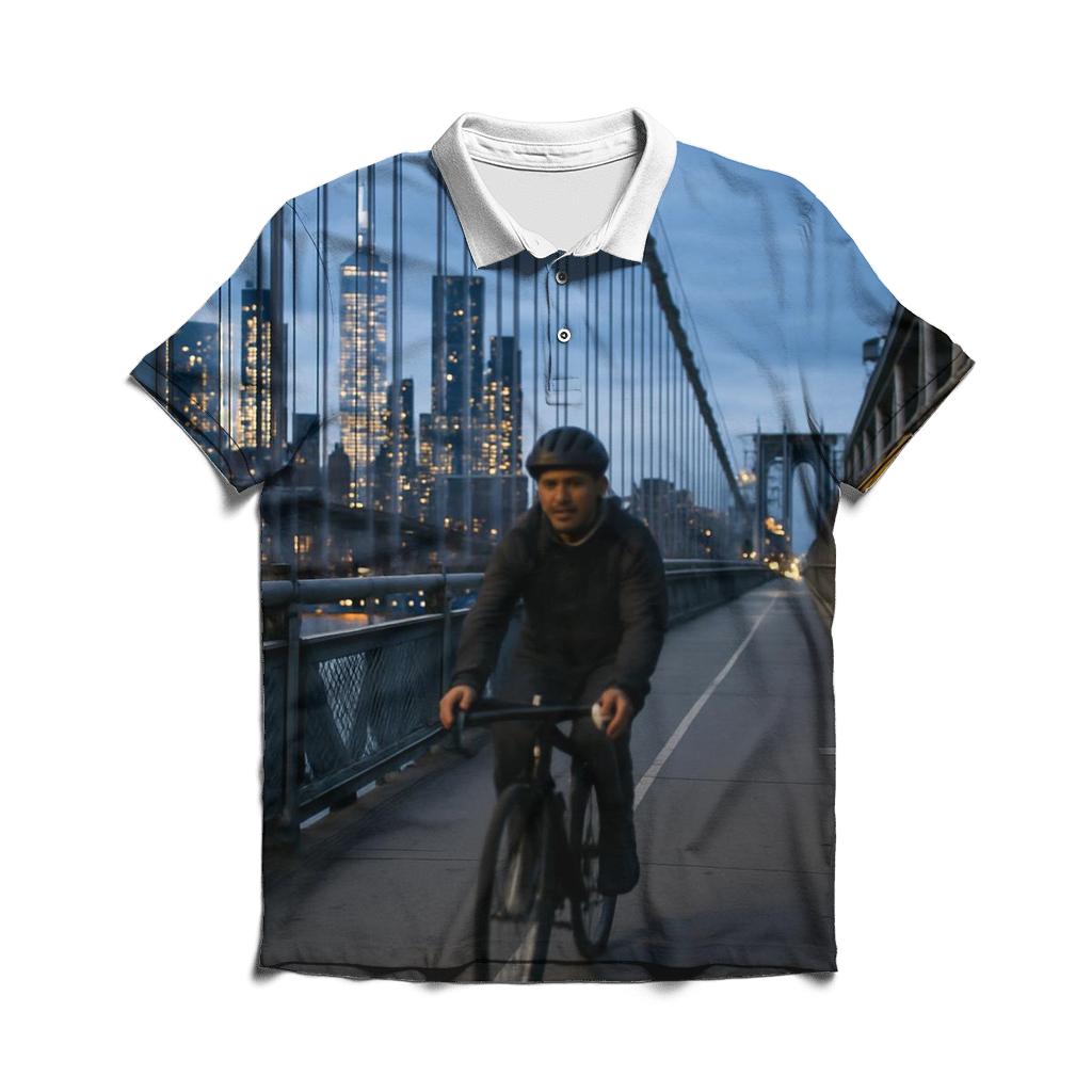 Cyclist Crossing Manhattan Bridge With Skyline Through Cables designer slim fit polos