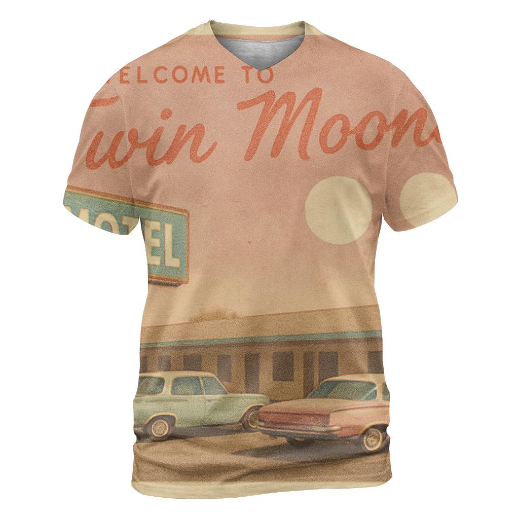 Retro Postcard Motel Under Twin Moons unique graphic print tees