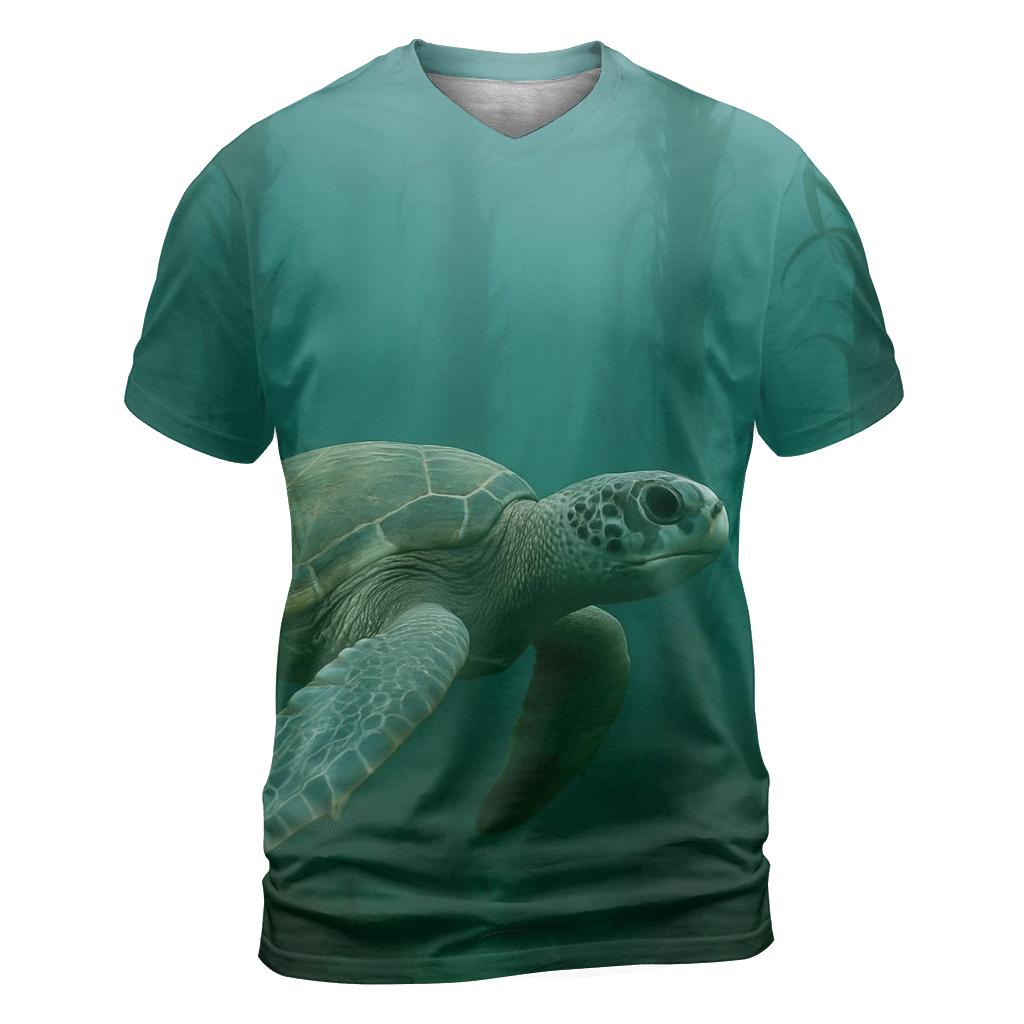 Kelp Forest Glide Green Sea Turtle vibrant all-over design tees