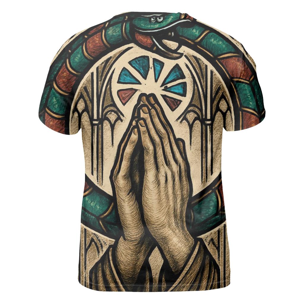 Cathedral Glass Ouroboros Halo vibrant all-over design tees