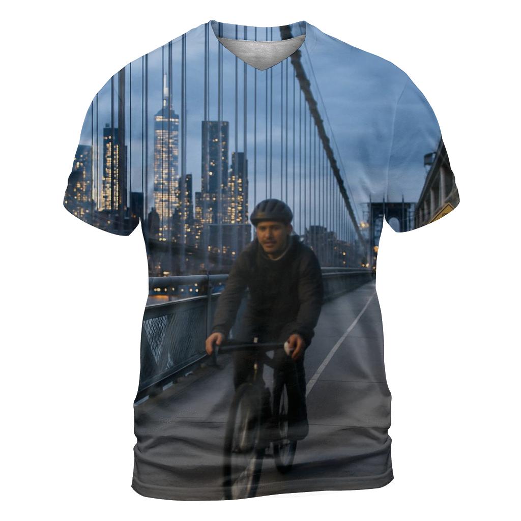 Cyclist Crossing Manhattan Bridge With Skyline Through Cables personalized full print shirts