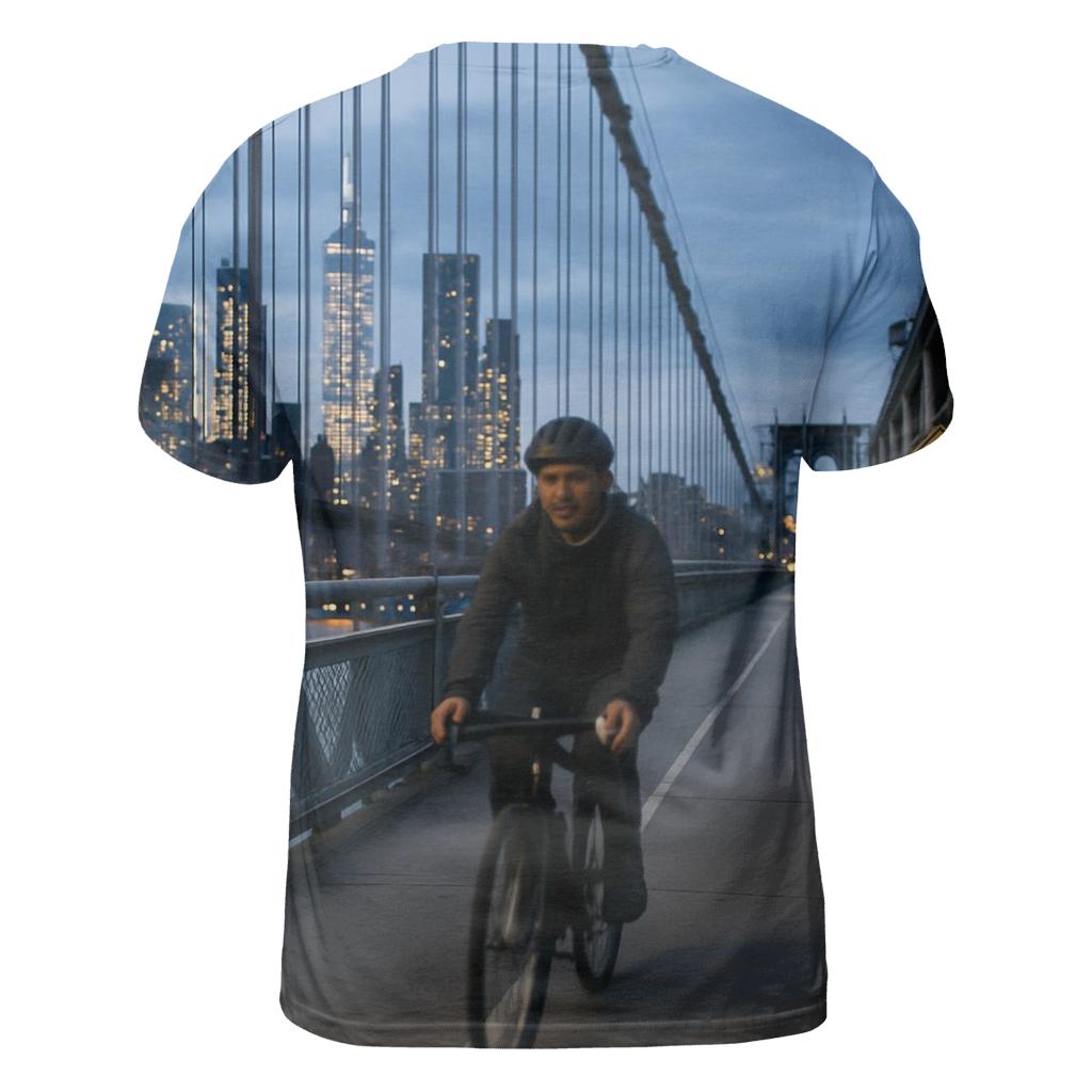 Cyclist Crossing Manhattan Bridge With Skyline Through Cables personalized full print shirts