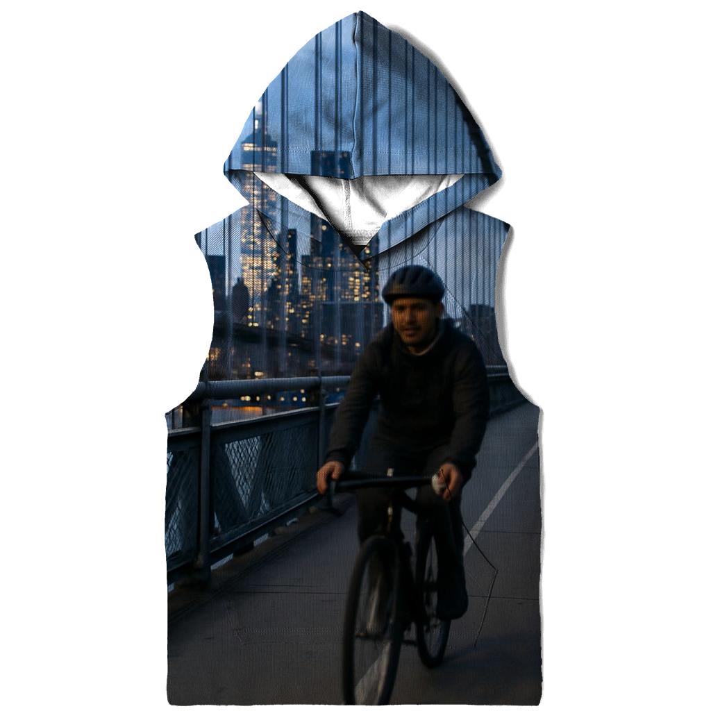 Cyclist Crossing Manhattan Bridge With Skyline Through Cables graphic hoodies