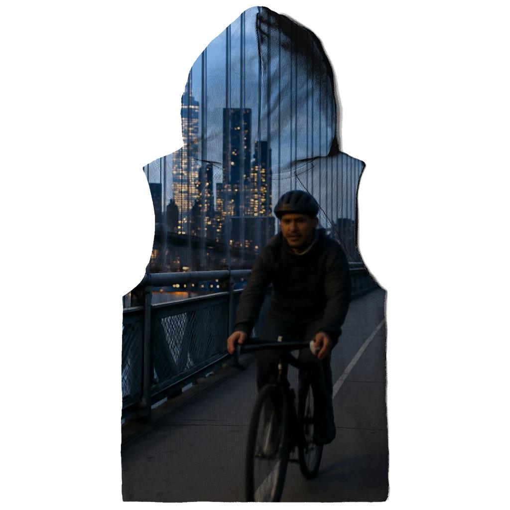 Cyclist Crossing Manhattan Bridge With Skyline Through Cables graphic hoodies