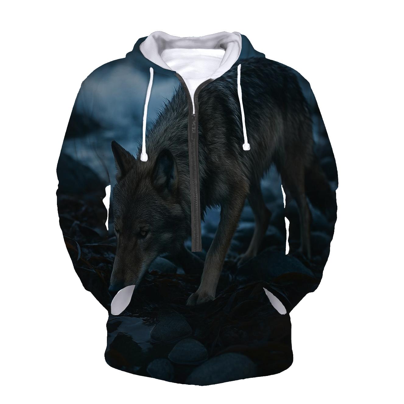 Coastal Wolf In Kelp Wrack At Low Tide printed hoodies