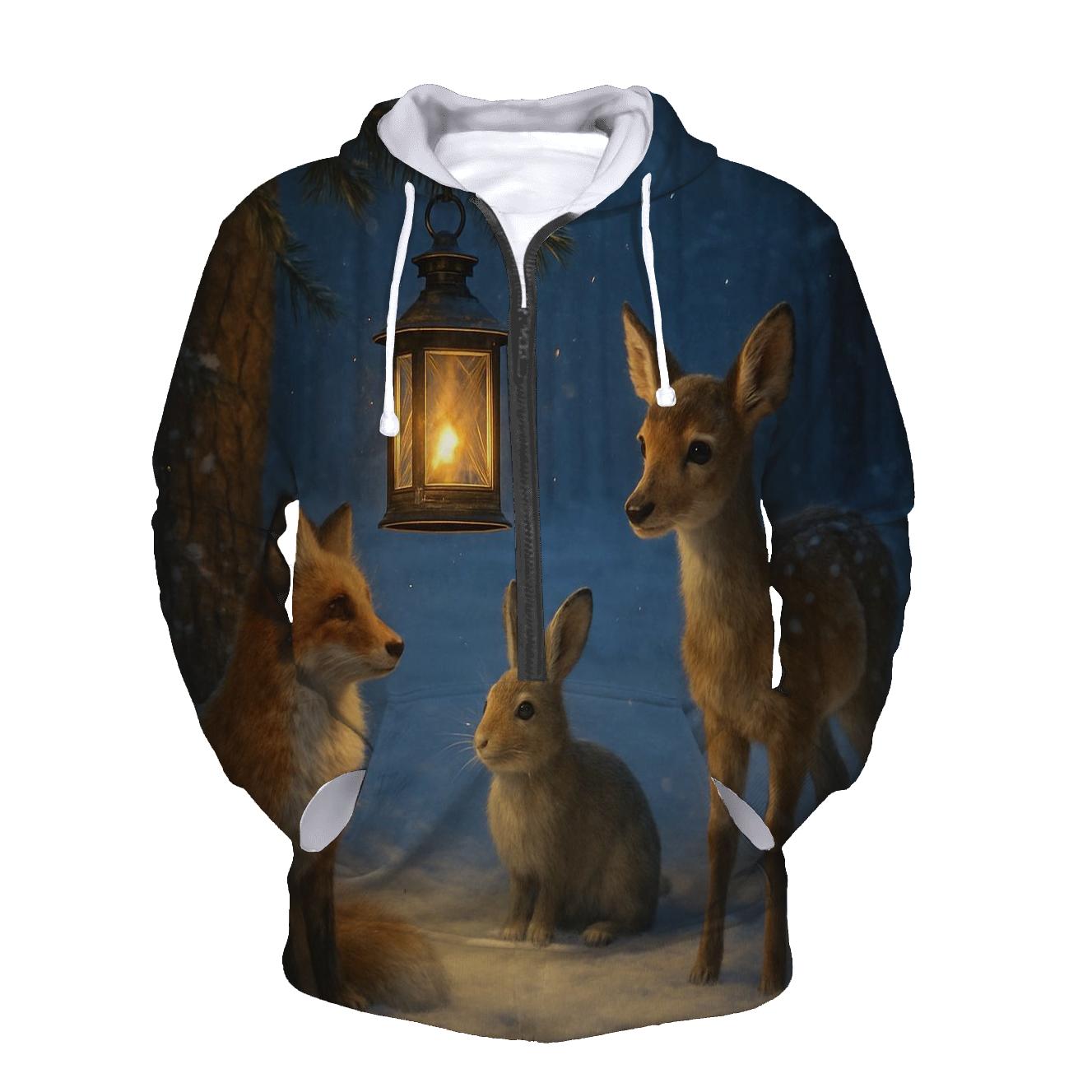 Snowy Forest Lantern With Woodland Visitors heavyweight hoodies