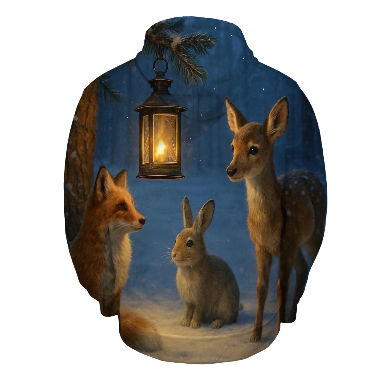 Snowy Forest Lantern With Woodland Visitors heavyweight hoodies