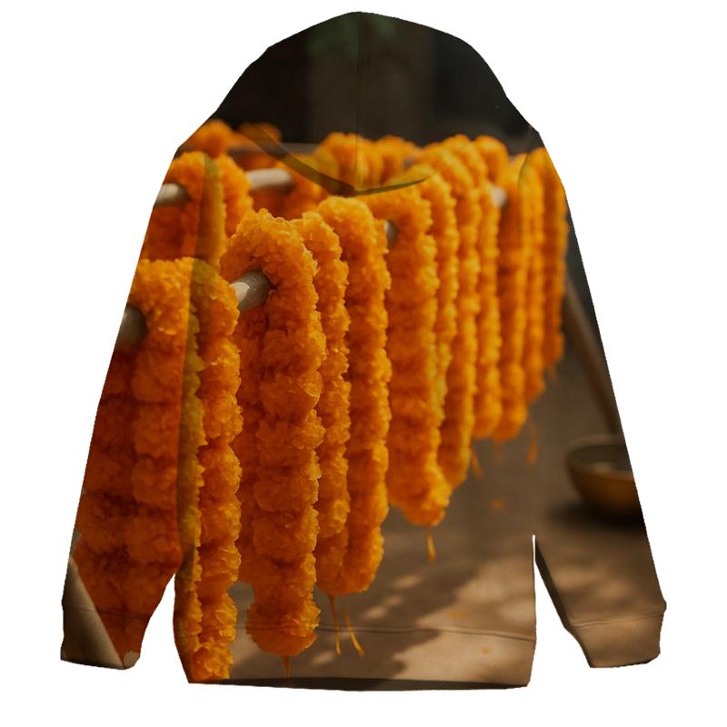 Turmeric Marigold Garland Drying On Bamboo Rack zip-up hoodies