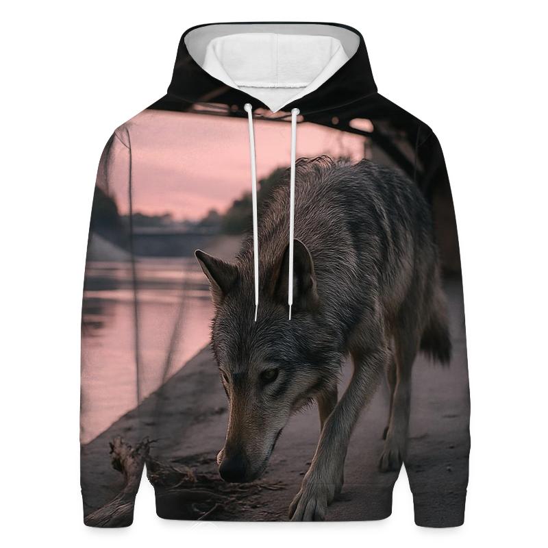Urban River Wolf At Dawn Under Bridge printed hoodies