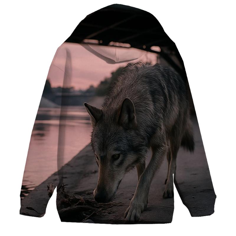 Urban River Wolf At Dawn Under Bridge printed hoodies