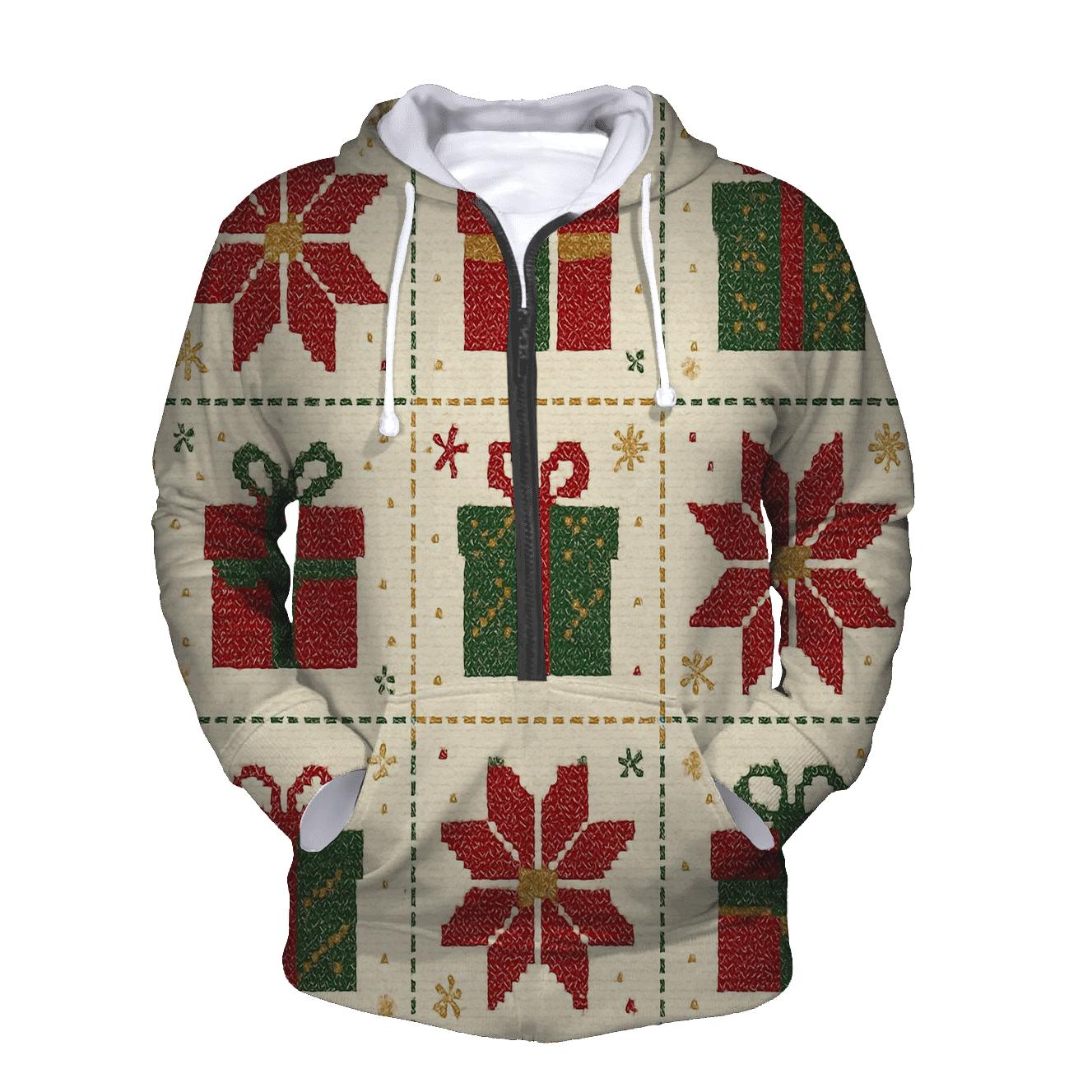 Poinsettia Present Patchwork Design printed hoodies