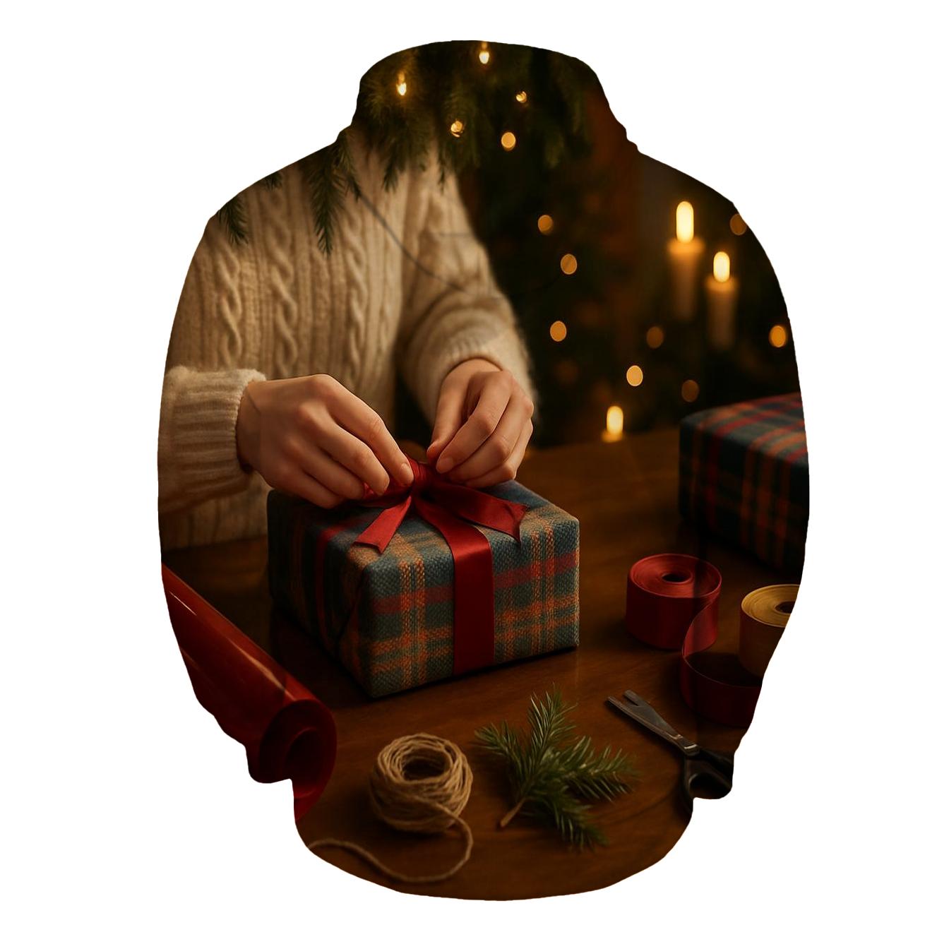 Gift Wrapping Table Under Soft Garland Light hoodie trends