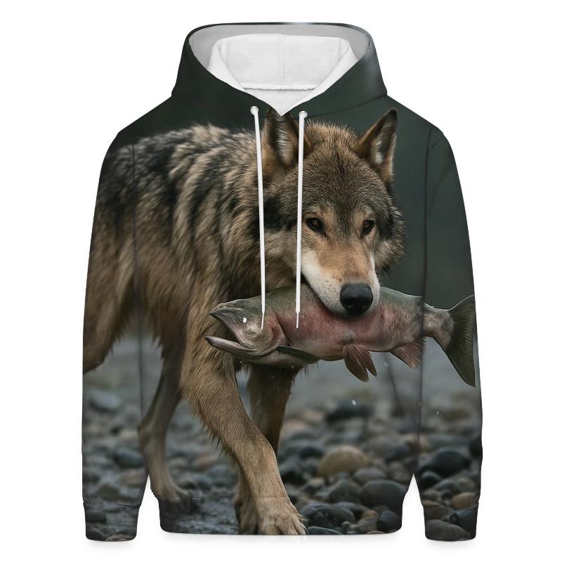 Taiga Wolf Carrying Salmon Along Gravel Bar premium hoodies