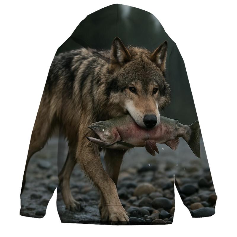 Taiga Wolf Carrying Salmon Along Gravel Bar premium hoodies