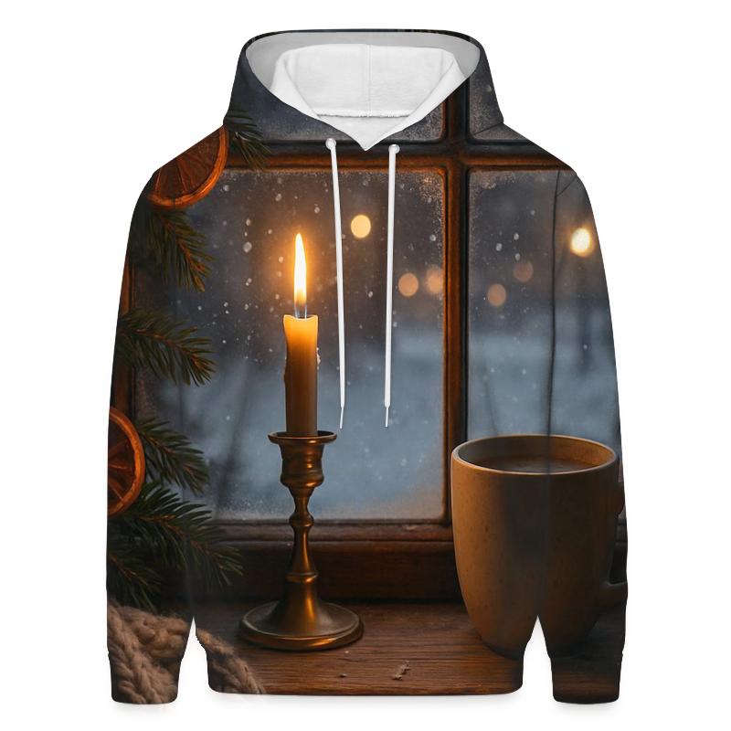 Candlelit Evergreen Window On Snowfall Night premium hoodies