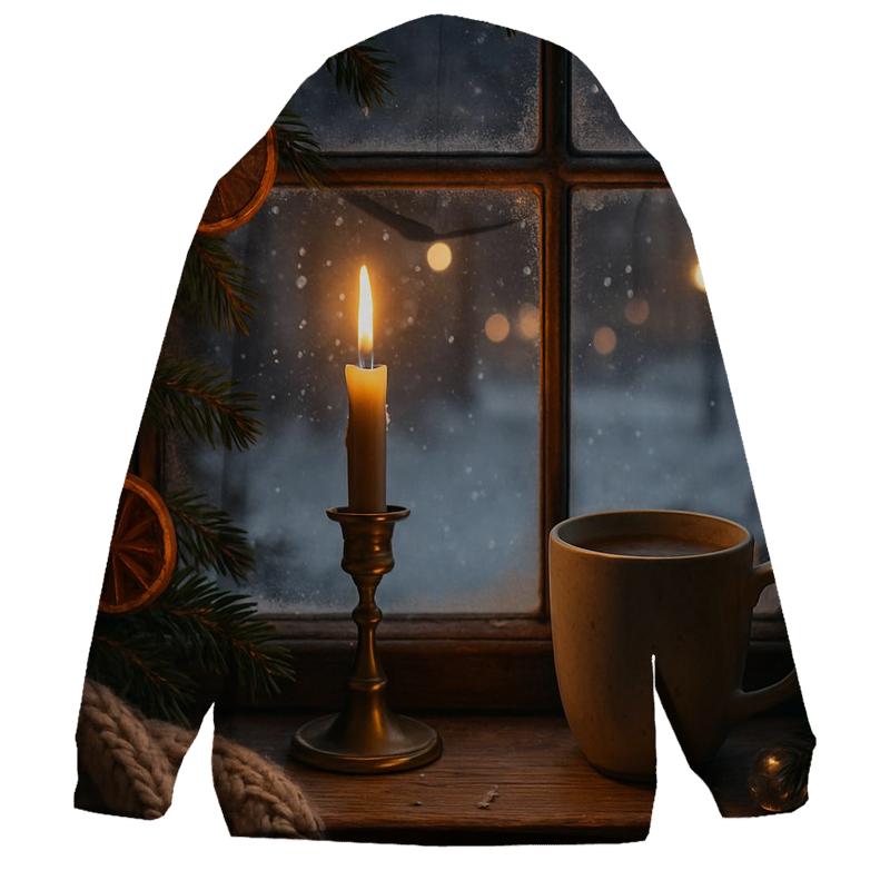 Candlelit Evergreen Window On Snowfall Night premium hoodies