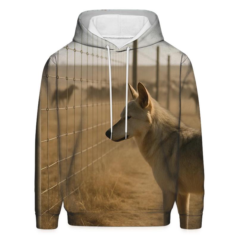 Steppe Wolf At Fenceline With Shepherd Dogs Distant premium hoodies