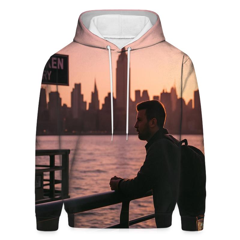 Sunset Silhouette From Hoboken Pier With Commuter Pause printed hoodies