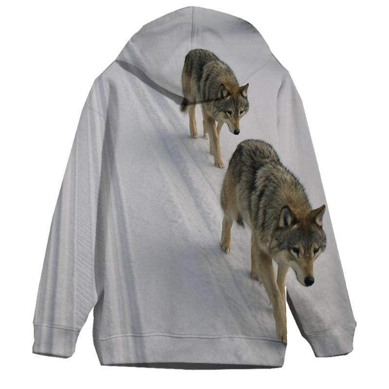 Winter Wolf Pack Trail Beside Ski Tracks hoodie styles