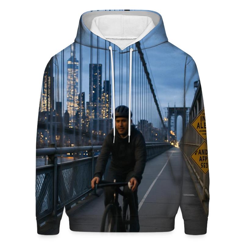 Cyclist Crossing Manhattan Bridge With Skyline Through Cables hoodie styles