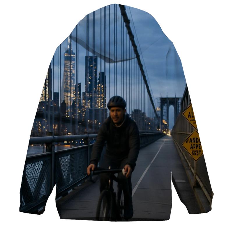 Cyclist Crossing Manhattan Bridge With Skyline Through Cables hoodie styles