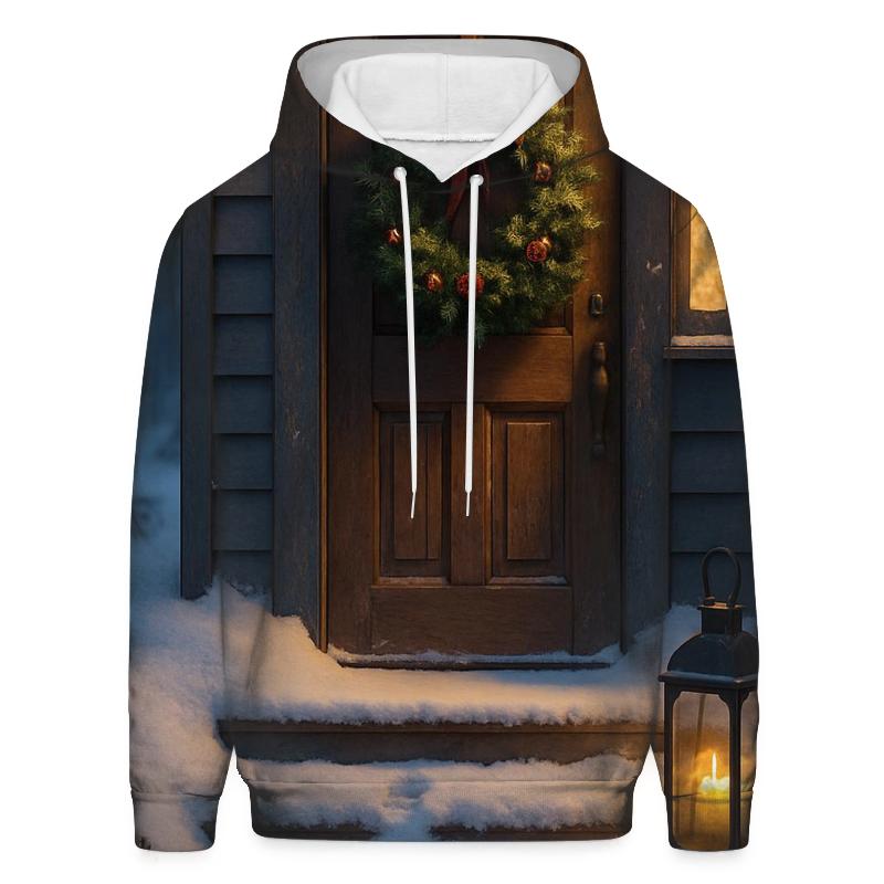 Evergreen Wreath At The Door With Footprints In Fresh Snow lightweight hoodies