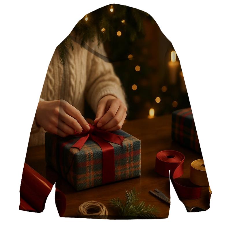 Gift Wrapping Table Under Soft Garland Light hoodie trends