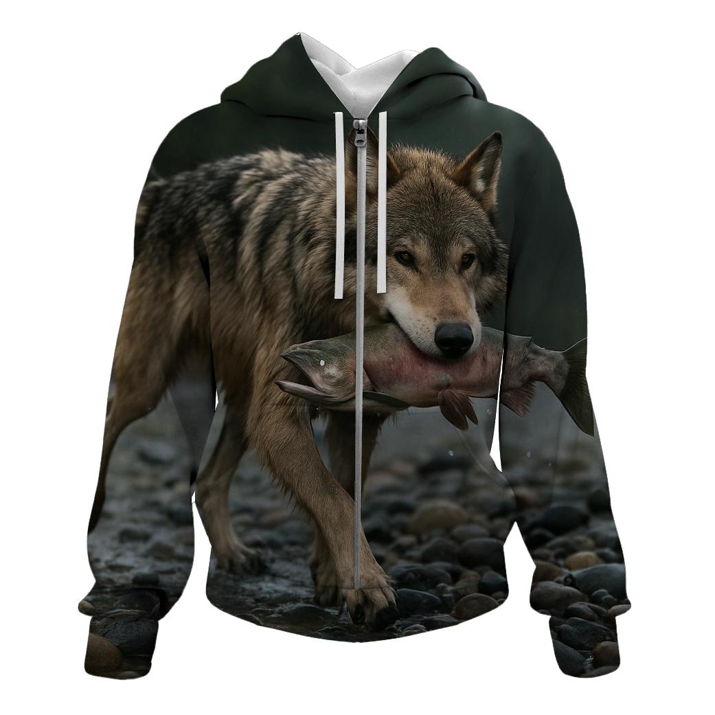 Taiga Wolf Carrying Salmon Along Gravel Bar graphic hoodies